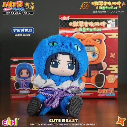 Blue plush uchiha sasuke doll with green eyes and purple rope belt from naruto jiraiya plush blind box by toptoy eaki