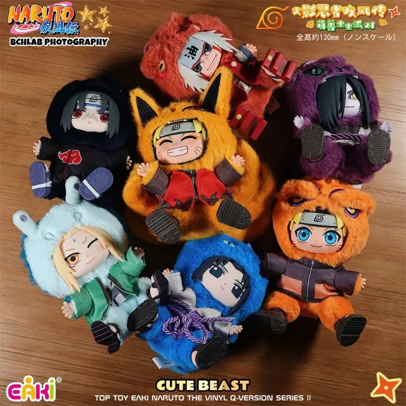 Orange plush naruto figure in fox-themed outfit with red accents and black gloves from naruto jiraiya plush blind box by toptoy eaki