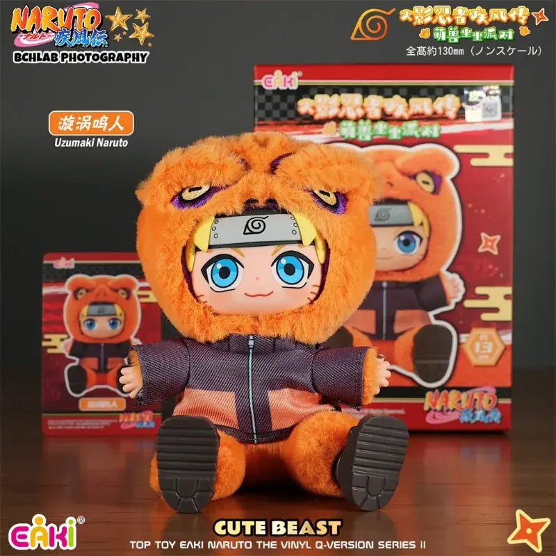 Orange plush toy with tiger hood and blue eyes wearing dark jacket and orange pants from naruto jiraiya plush blind box by toptoy eaki