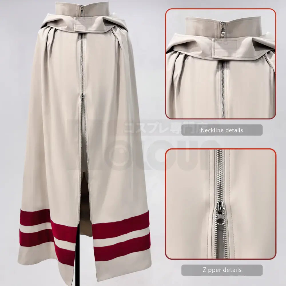 Beige kakashi cosplay cloak with high collar red and white striped cuffs and front zipper closure for halloween costume