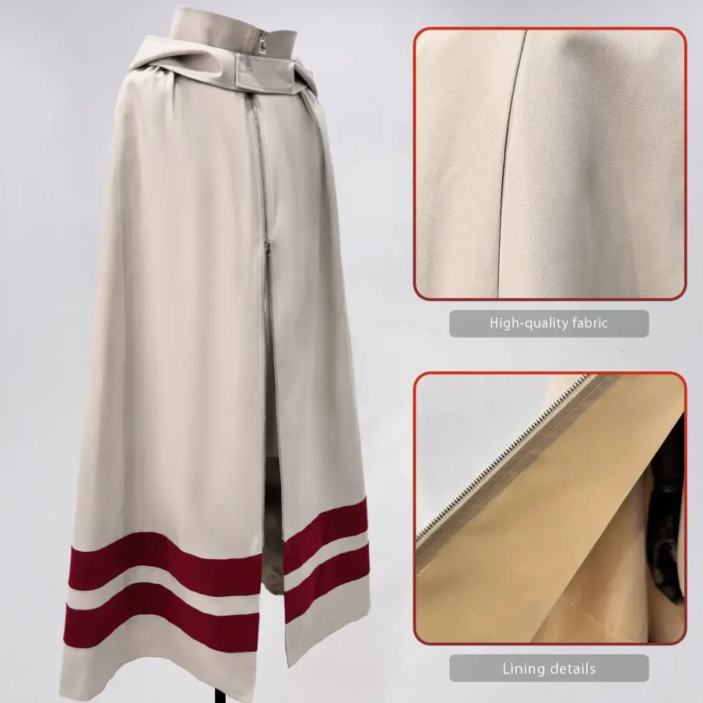 Beige pleated midi skirt with red and white striped hem and zipper front in high-quality fabric for cosplay costumes