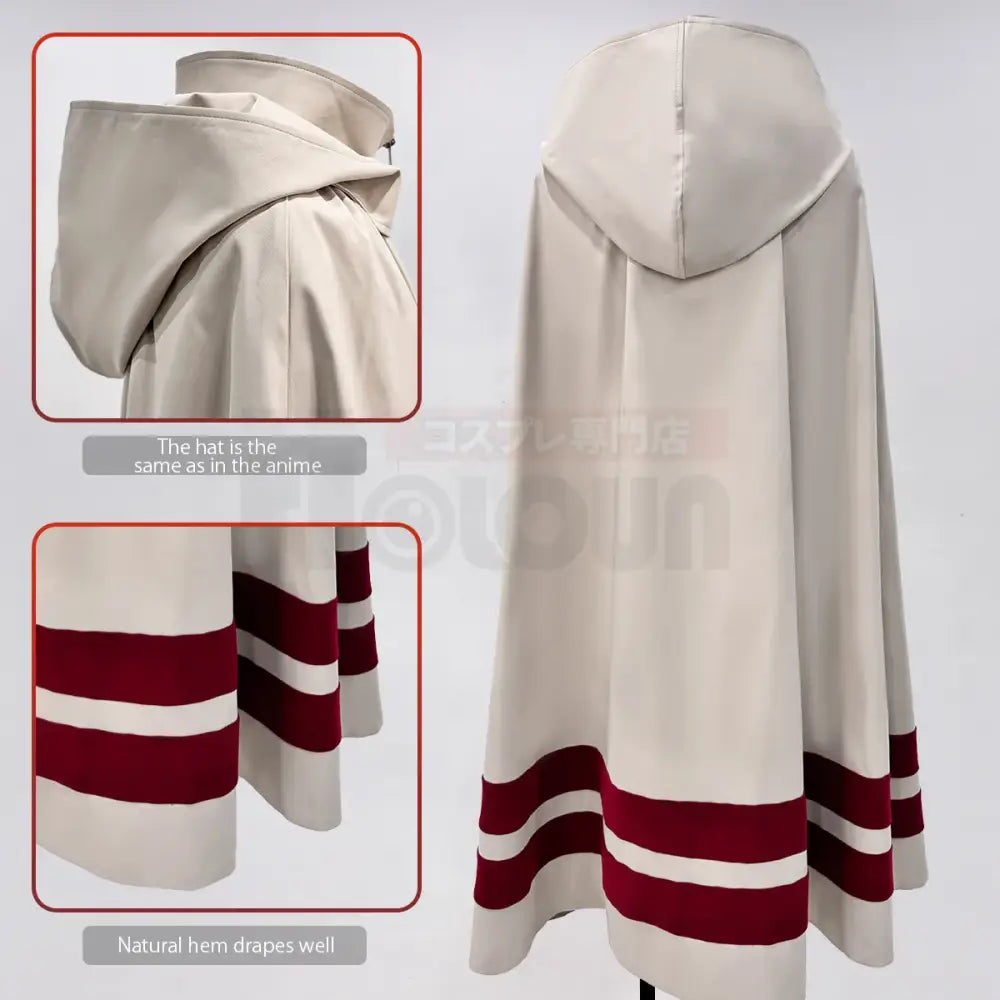 Cream-colored naruto kakashi cosplay cloak with bold red and white striped hem and natural drape for cosplay costumes