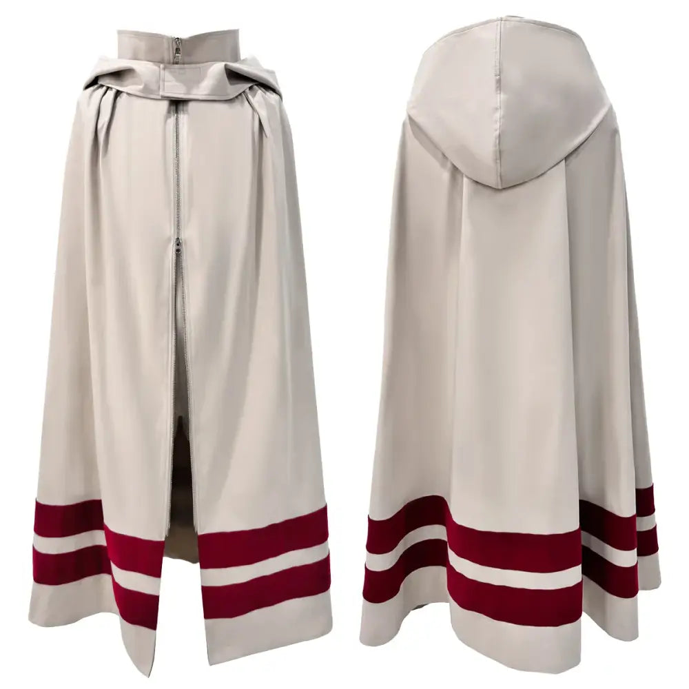 Beige hooded cosplay cape with red and white striped cuffs and central zipper closure for naruto kakashi costume