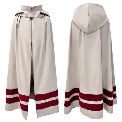 Beige hooded cosplay cape with red and white striped cuffs and central zipper closure for naruto kakashi costume