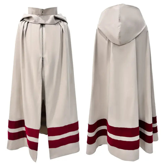 Beige hooded cosplay cape with red and white striped cuffs and central zipper closure for naruto kakashi costume