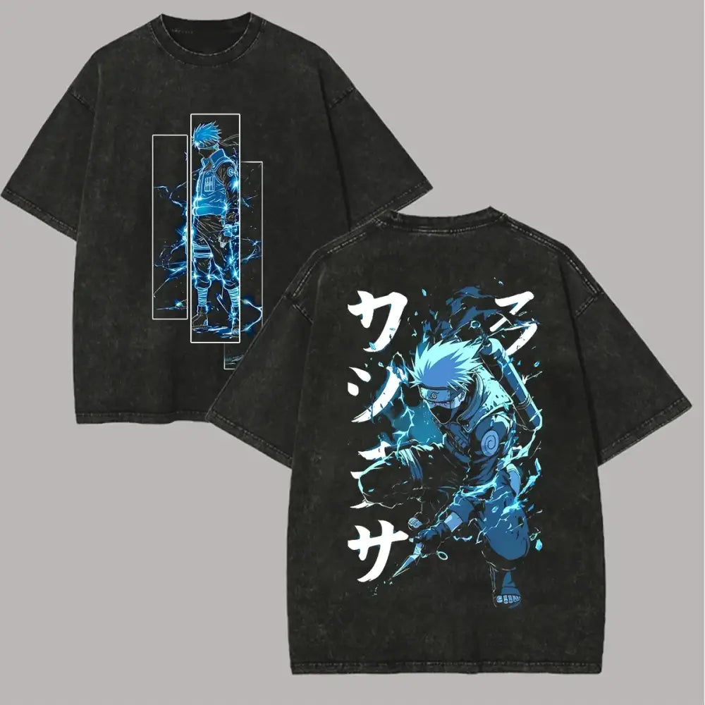 Black oversized cotton t-shirt with vibrant blue and white kakashi hatake graphic and japanese text on the back