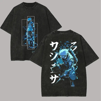 Black oversized cotton t-shirt with vibrant blue and white kakashi hatake graphic and japanese text on the back