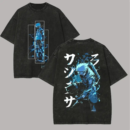 Black oversized cotton t-shirt with vibrant blue and white kakashi hatake graphic and japanese text on the back