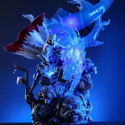 Naruto kakashi hatake pvc statue featuring blue and white glowing figurine with red and white cape on translucent blue foxes