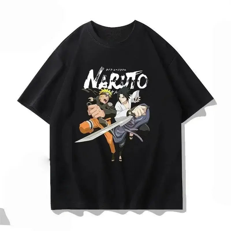 Black Naruto Kakashi loose t-shirt cotton unisex featuring Naruto and Sasuke in combat with bold white Naruto lettering