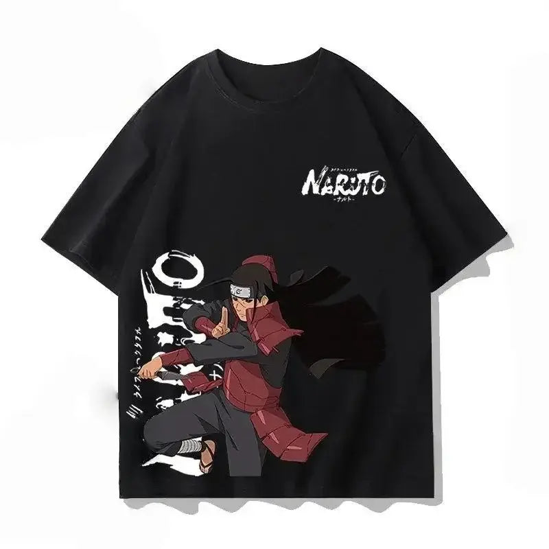 Black cotton unisex Naruto Kakashi loose t-shirt featuring Itachi Uchiha graphic and white stylized text above