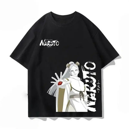 Black cotton unisex naruto kakashi loose t-shirt featuring white tsunade graphic with red eye symbol on front