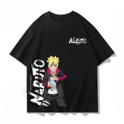Black naruto kakashi loose t-shirt cotton unisex featuring boruto graphic with chakra and white naruto lettering