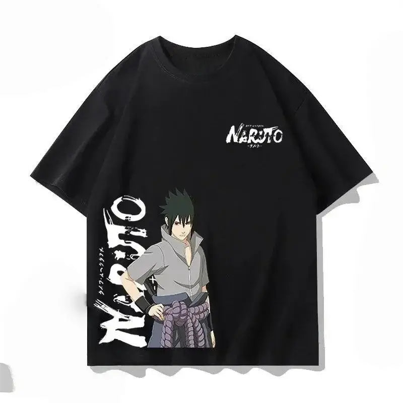 Black naruto cotton unisex t-shirt featuring sasuke uchiha graphic with purple rope and white lettering on chest and side