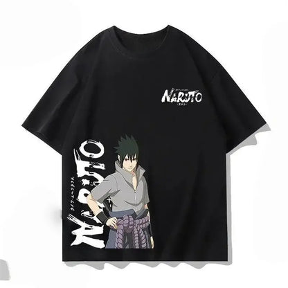 Black naruto cotton unisex t-shirt featuring sasuke uchiha graphic with purple rope and white lettering on chest and side