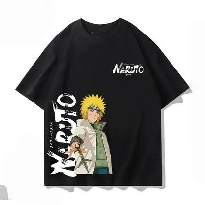 Black cotton unisex naruto kakashi loose t-shirt featuring minato namikaze graphic and bold white naruto lettering on front