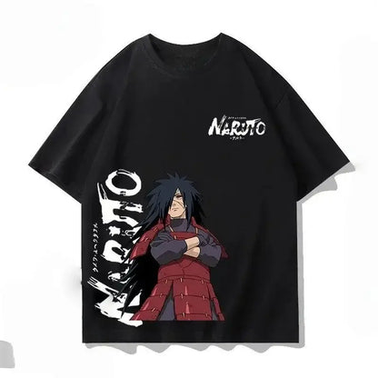 Black cotton Naruto Kakashi loose t-shirt featuring Madara Uchiha in red armor with white stylized text on front