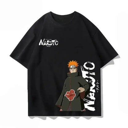 Black cotton unisex t-shirt with white pain graphic and stylized naruto lettering on front, loose fit design