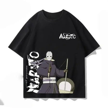 Black cotton Naruto Kakashi loose t-shirt featuring stylized black and white Hidan graphic with white text unisex design