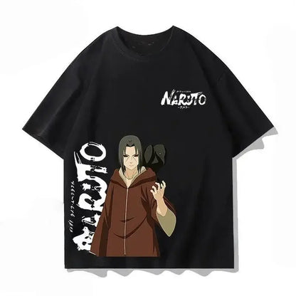 Black cotton Naruto Kakashi loose t-shirt featuring Itachi Uchiha graphic and white stylized text on the front