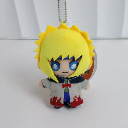Naruto Kakashi plush keychain with yellow spiky hair blue eyes gray coat red flame accents and red bow tie backpack pendant