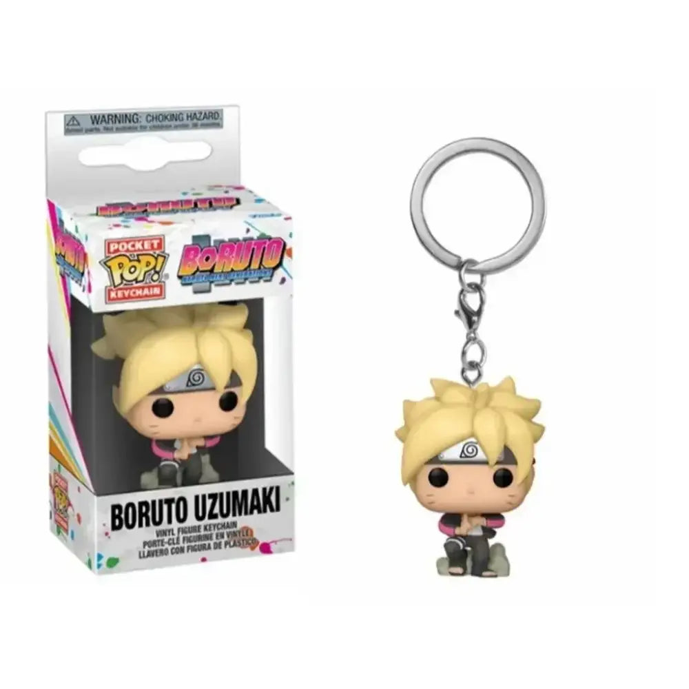 Naruto kakashi pocket pop vinyl keychain featuring boruto uzumaki with blonde hair and white spiral headband
