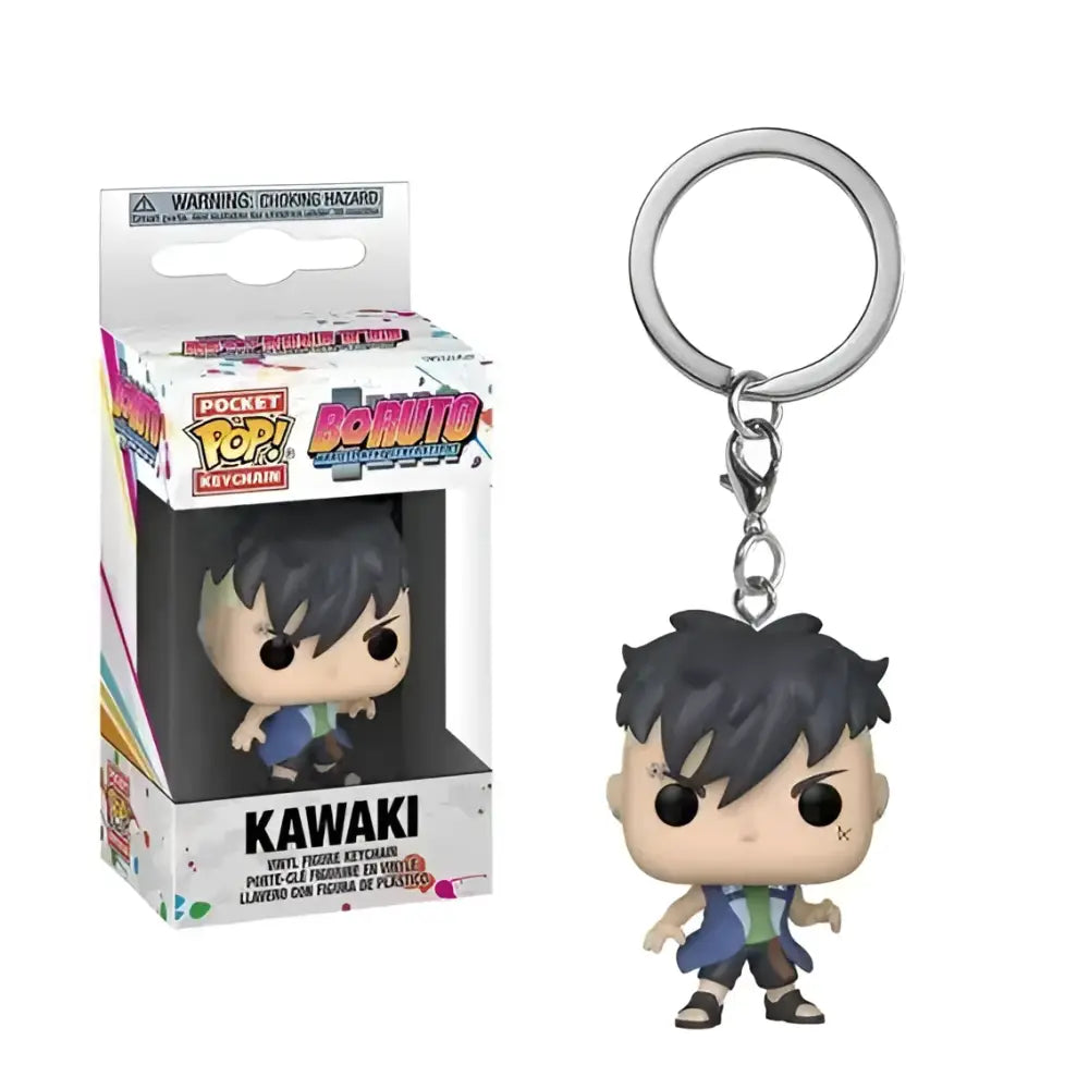 Black-haired kawaki vinyl keychain with blue jacket and green shirt attached to silver metal ring from naruto kakashi series