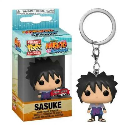 Sasuke uchiha vinyl keychain with black spiky hair purple and blue outfit and silver metal ring attachment