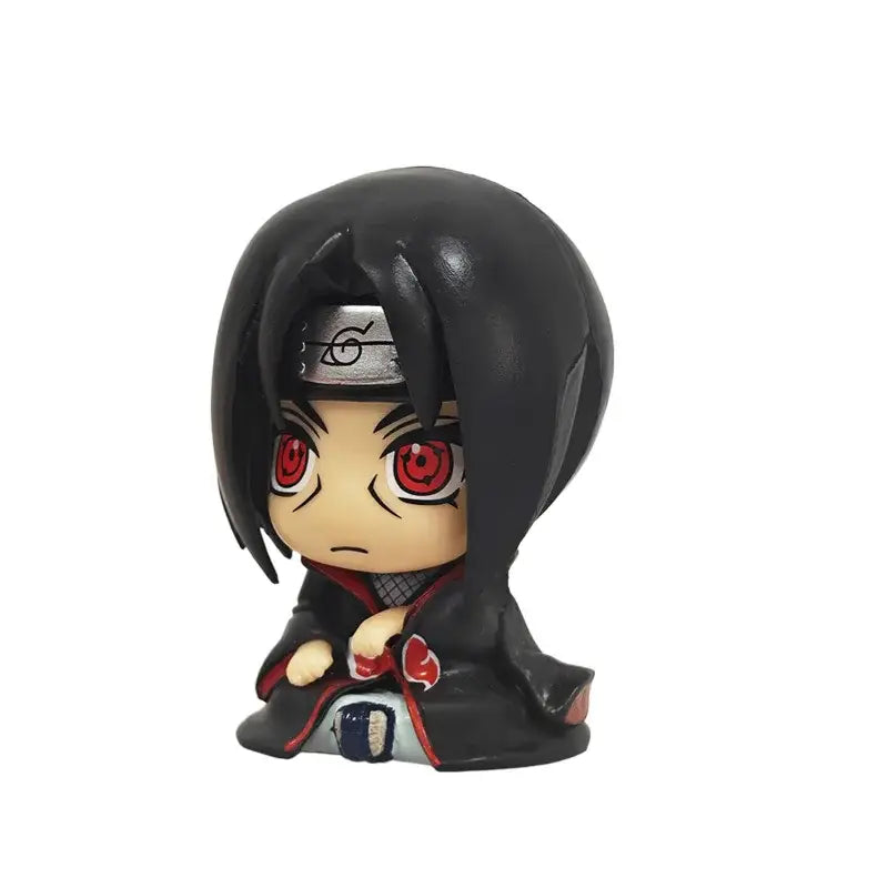 Black chibi-style naruto kakashi anime figure with red eyes wearing black cloak and headband pvc collectible model