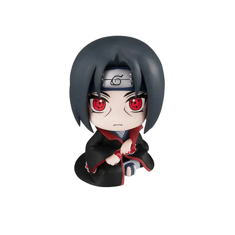 Chibi-style itachi uchiha anime figure in black and red akatsuki cloak pvc collectible model for naruto fans