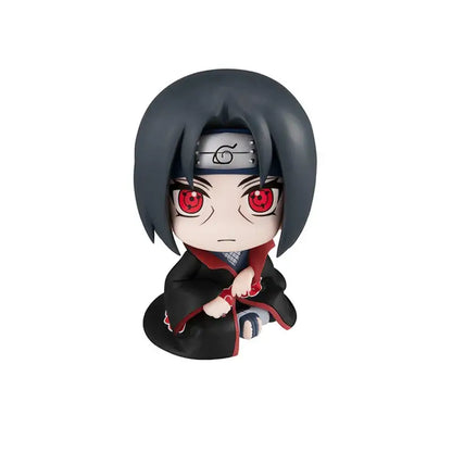 Chibi-style itachi uchiha anime figure in black and red akatsuki cloak pvc collectible model for naruto fans