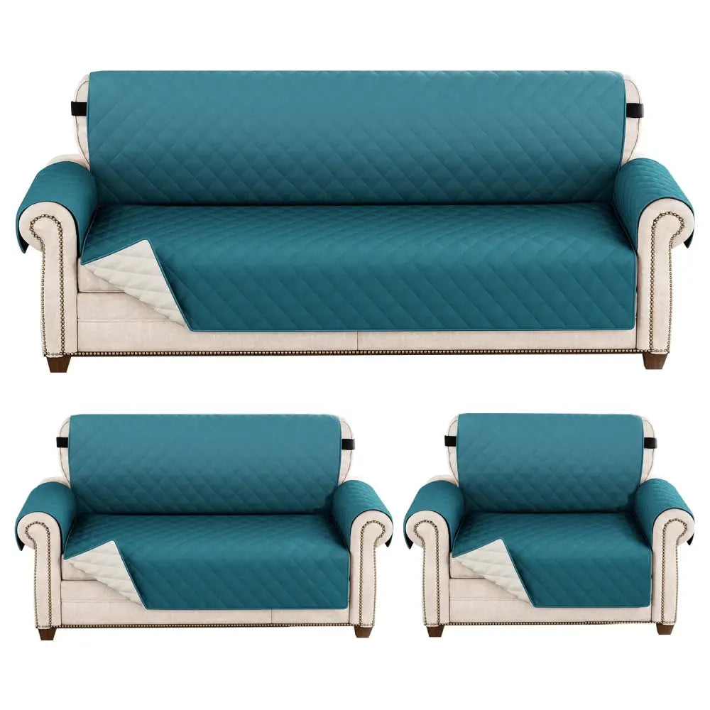 Teal quilted naruto kakashi sofa cover with white trim black snaps and waterproof diamond pattern protector