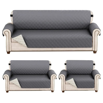 Set of three gray quilted naruto kakashi sofa covers with diamond pattern white trim and black elastic straps