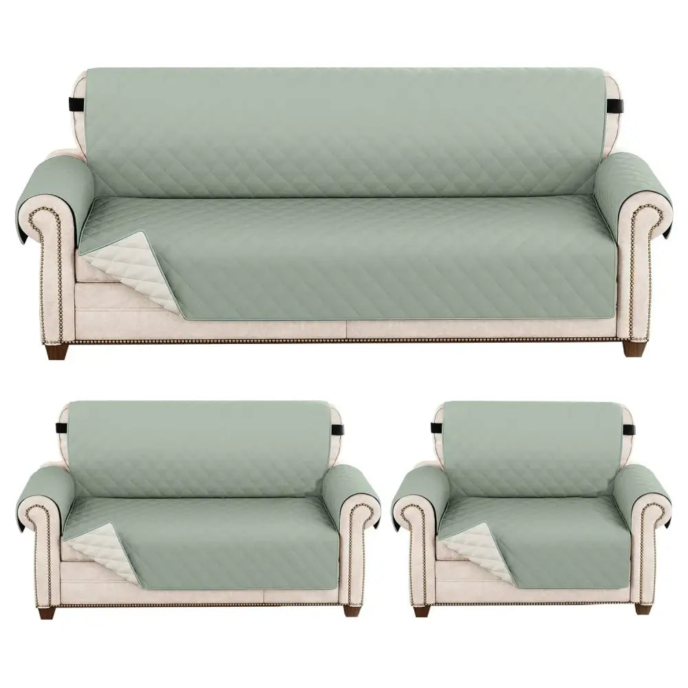 Set of three sage green quilted naruto kakashi sofa covers with diamond pattern cream piping and black fabric ties
