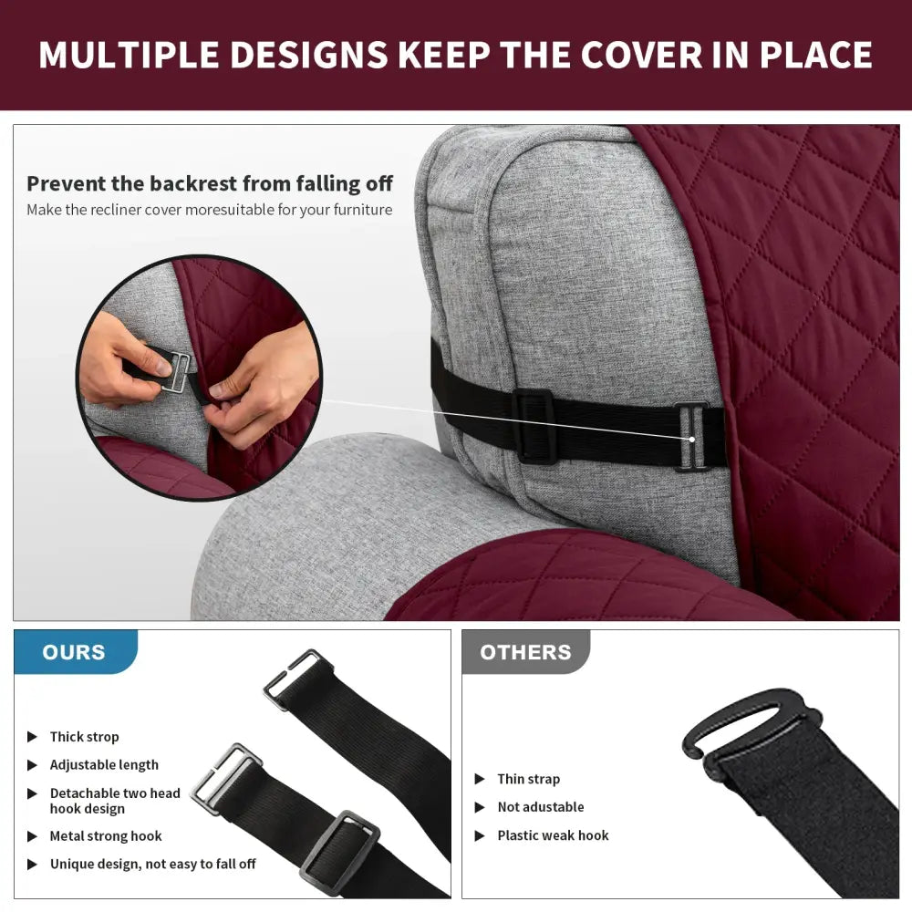 Maroon quilted naruto kakashi sofa cover with diamond pattern and thick black adjustable strap with metal hook for secure fit