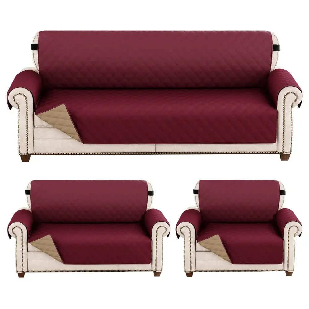 Maroon quilted naruto kakashi sofa cover with beige lining and black trim featuring diamond pattern waterproof design