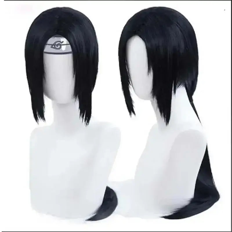 Black synthetic wig with short straight cut and kakashi uchiha headband featuring naruto uzumaki logo cosplay