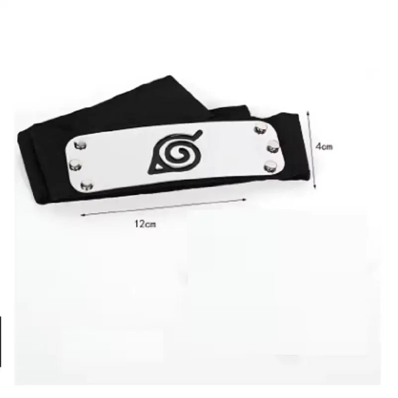 Black fabric headband with a silver metal plate featuring the naruto spiral leaf emblem for kakashi uchiha logo cosplay