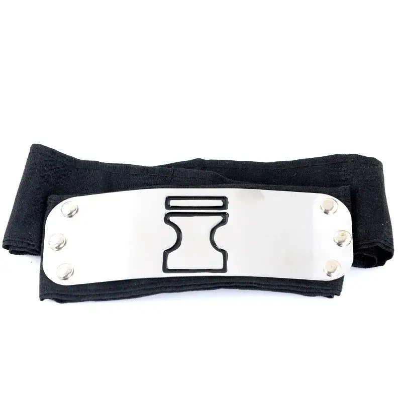 Black fabric kakashi uchiha headband with silver metal plate featuring akatsuki logo cosplay engraving and rivets