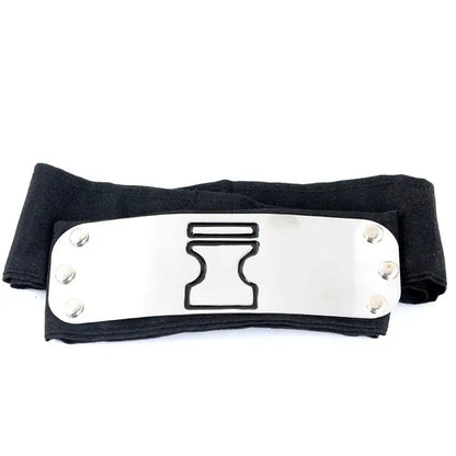 Black fabric kakashi uchiha headband with silver metal plate featuring akatsuki logo cosplay engraving and rivets