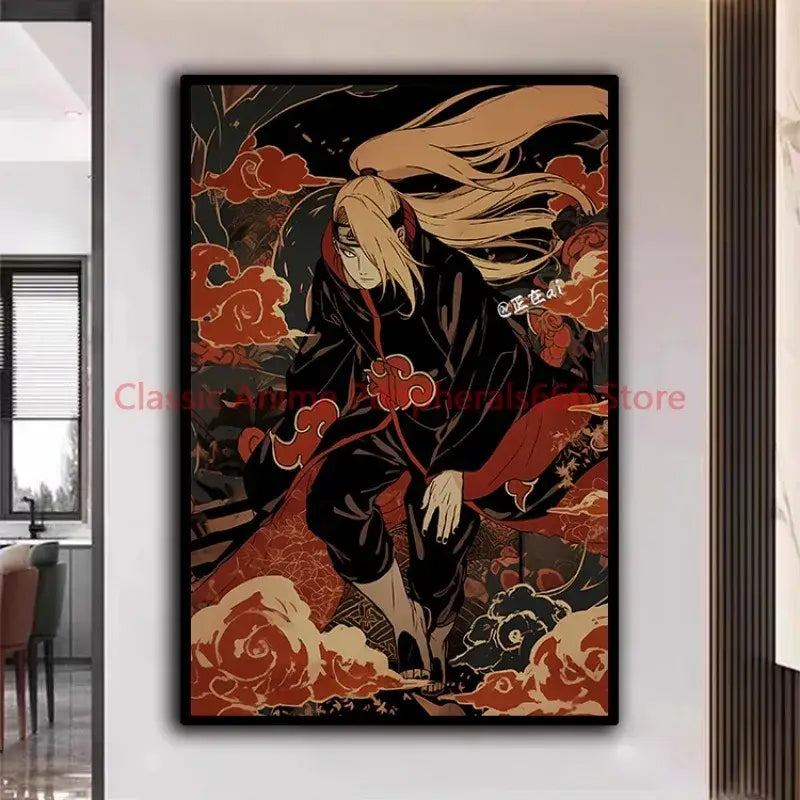 Naruto kakashi ukiyo-e poster featuring black and orange anime art in a sleek black frame for modern home decor