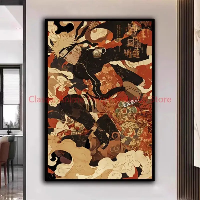 A framed naruto kakashi ukiyo-e poster in bold black and orange hues perfect for modern home decor wall art