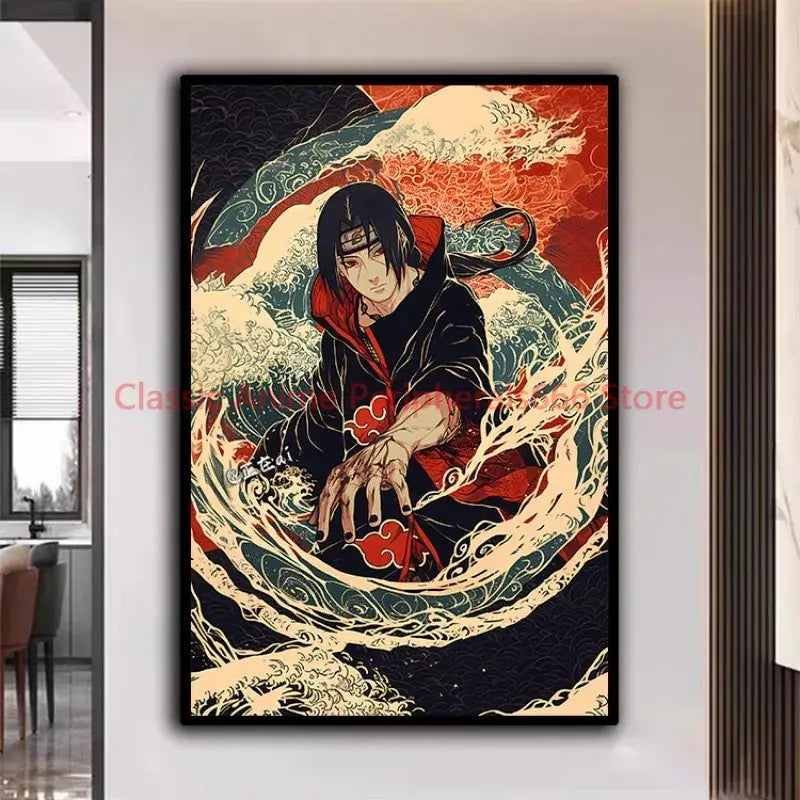 A framed Naruto Kakashi ukiyo-e poster featuring a black and red anime character with swirling waves for modern home decor