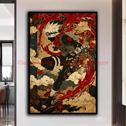 Vibrant red and gold naruto kakashi ukiyo-e poster with dynamic black and white character for modern home decor