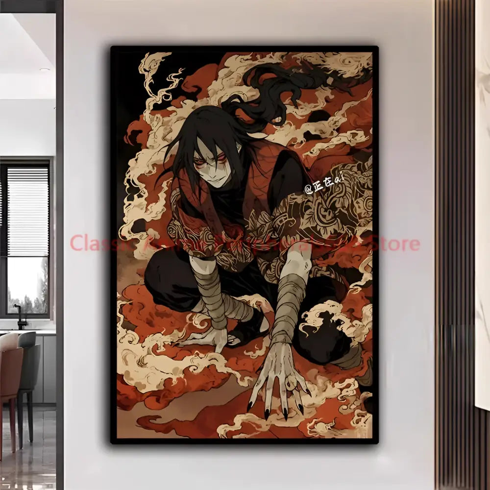 A framed naruto kakashi ukiyo-e poster featuring a character with black hair and red eyes in swirling flames for modern home decor