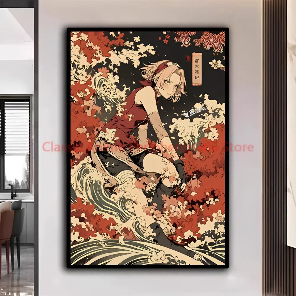 A framed naruto kakashi ukiyo-e poster with red and black character amidst orange green waves for modern home decor
