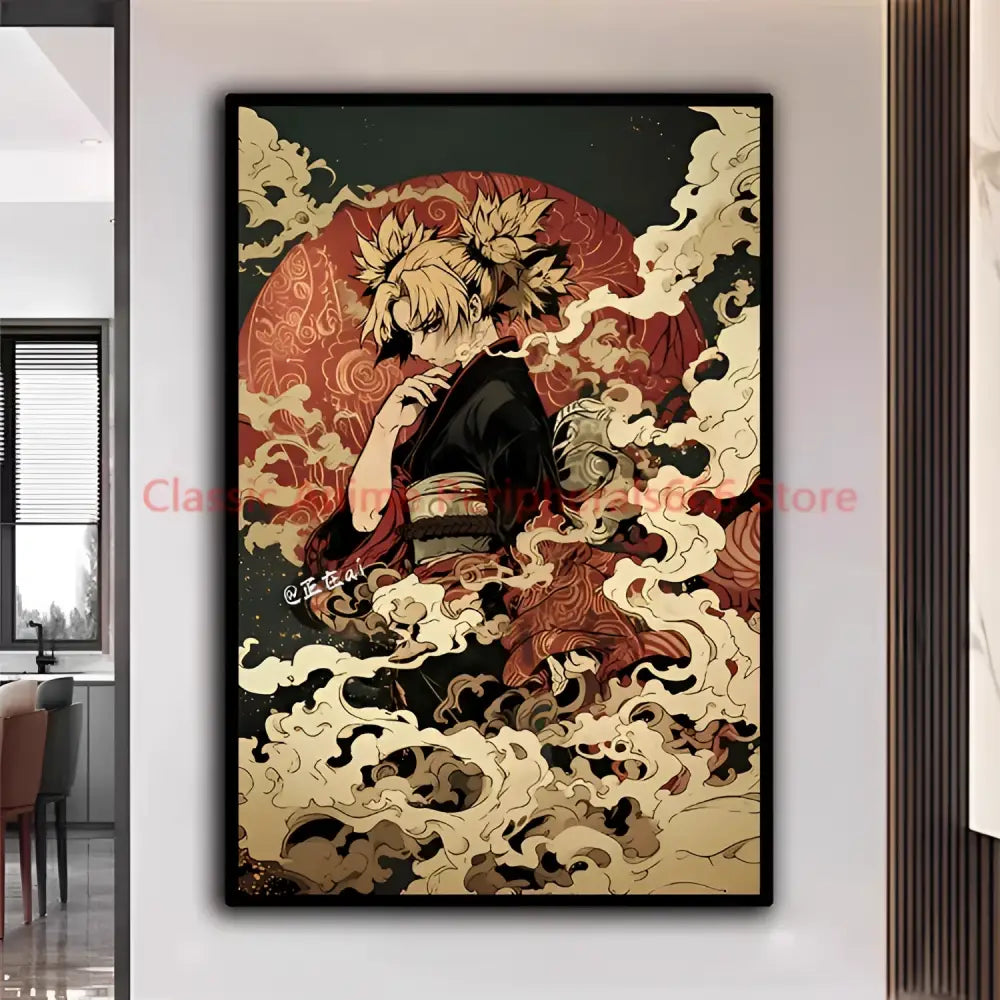 A framed naruto kakashi ukiyo-e poster with red backdrop and ornate clouds for modern home decor