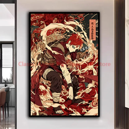 Red-haired anime character portrait with swirling patterns in bold reds and cream accents modern home decor poster