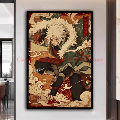 A framed naruto kakashi ukiyo-e poster with spiky white hair character in green cloak perfect for modern home decor