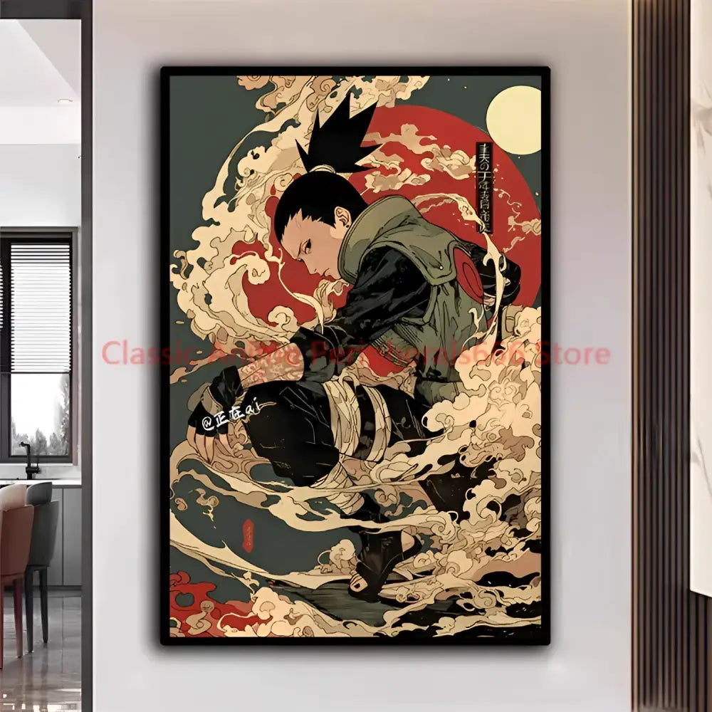 Stylized anime canvas print of ninja kakashi in dynamic motion with red circle and waves for modern home decor